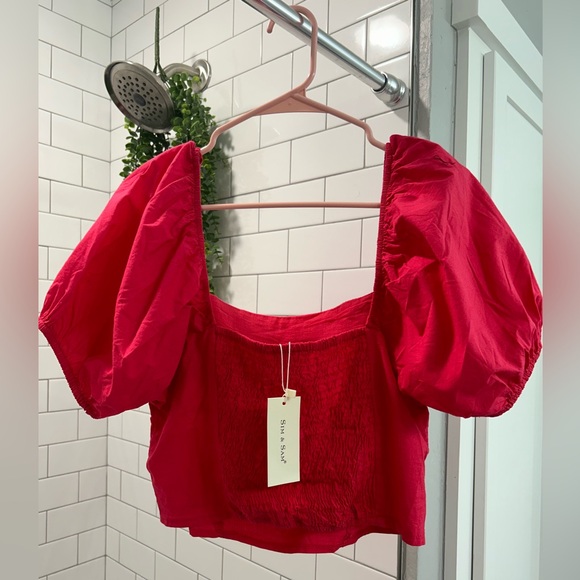 Puff sleeve hot pink square neckline smocked back linen like blouse✨ - Picture 4 of 4